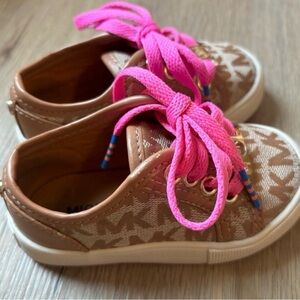 Michael Kors Tan Toddler Sneakers MK Logo Pink Laces Size 5 LIKE NEW